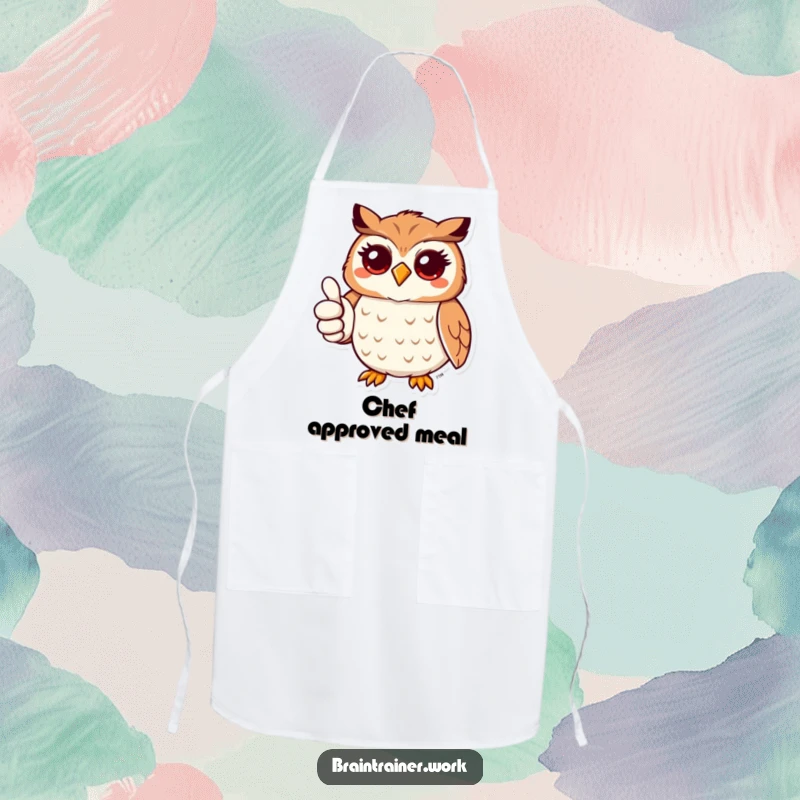 Funny kawaii owl giving a thumbs up on a kitchen apron, for humorous and encouraging meal preparation.