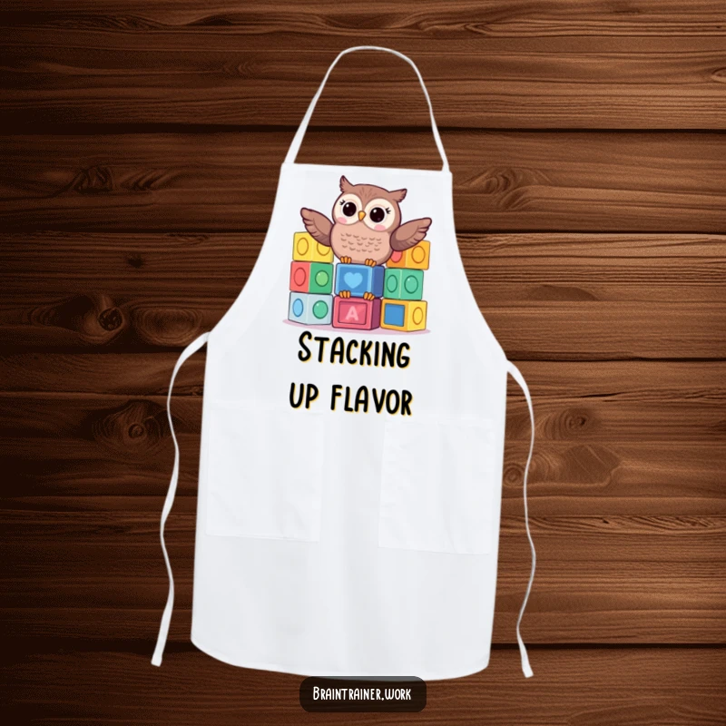 Funny kawaii owl playfully balancing colorful learning blocks on an apron, perfect for humorous kitchen adventures.