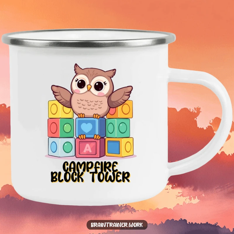 Funny kawaii owl balancing colorful learning blocks on a durable camping mug, perfect for humorous outdoor fun.