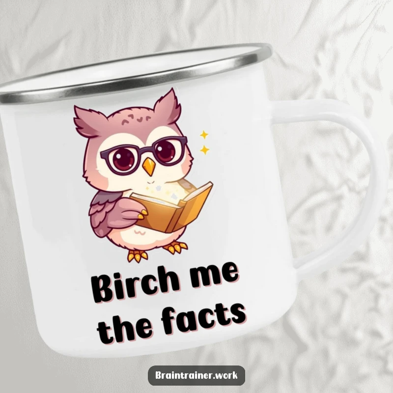 Funny kawaii owl with spectacles pointing at a glowing book, on a durable camping mug, ready for outdoor study and laughs.
