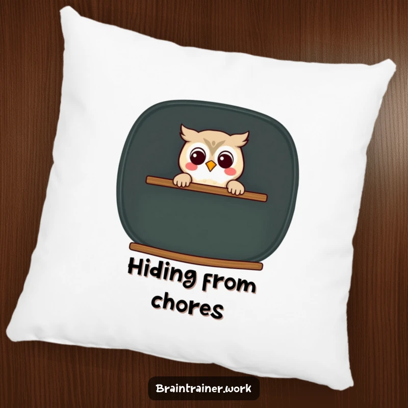 Funny kawaii owl peeking from behind a chalkboard on a pillow, for humorous and cozy decor.