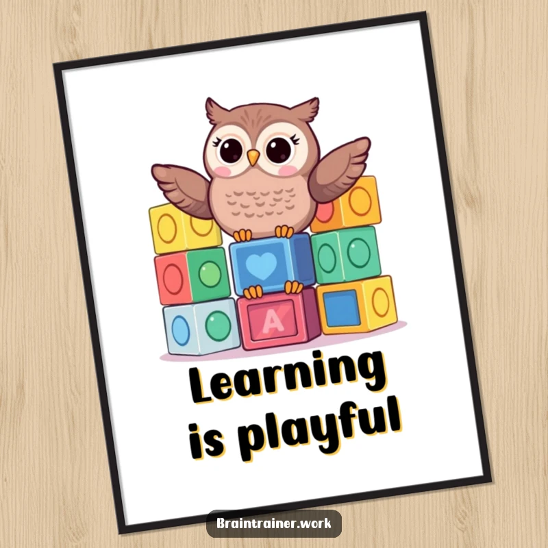 Funny kawaii owl artwork balancing colorful learning blocks, available as a digital download for humorous and playful decor.