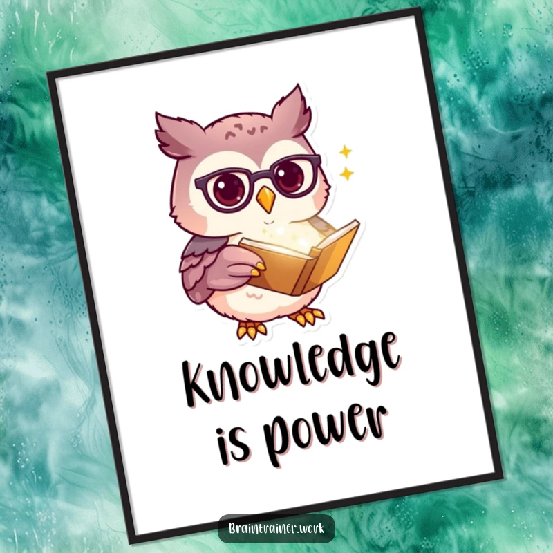 Funny kawaii owl artwork with spectacles pointing at a glowing book, available as a digital download for humorous wall art.