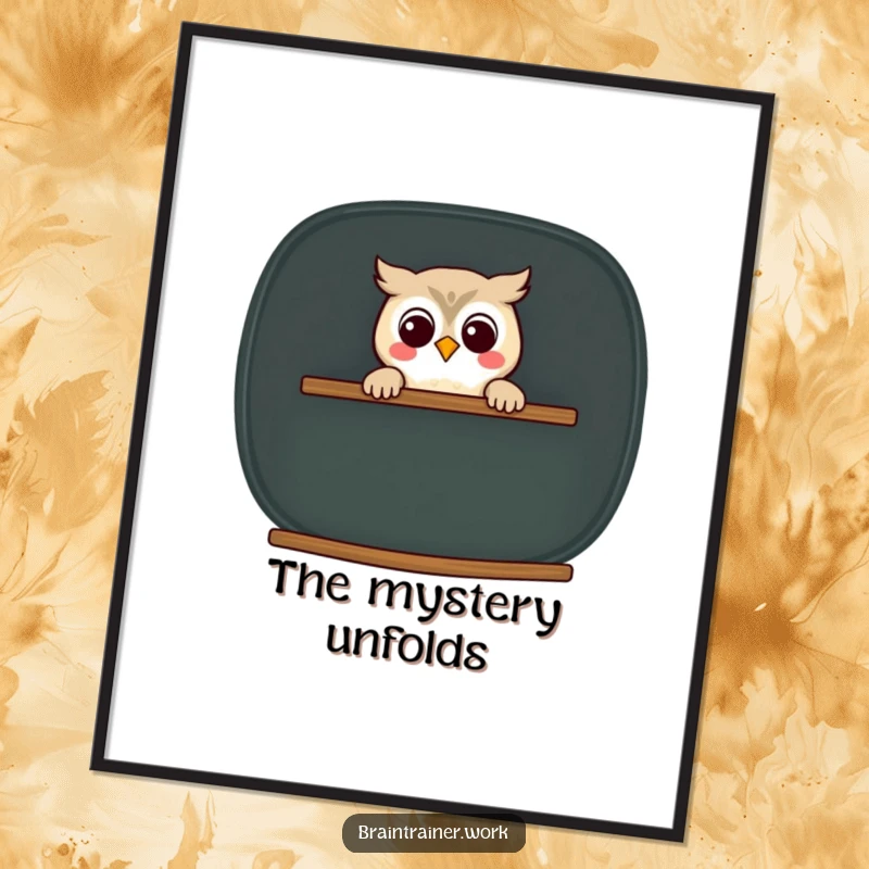 Funny kawaii owl artwork peeking from behind a chalkboard, available as a digital download for humorous decor.