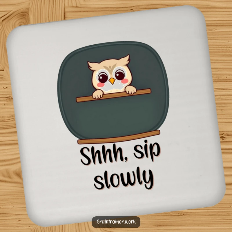 Funny kawaii owl peeking from behind a chalkboard on drink coasters, for humorous and practical surface protection.