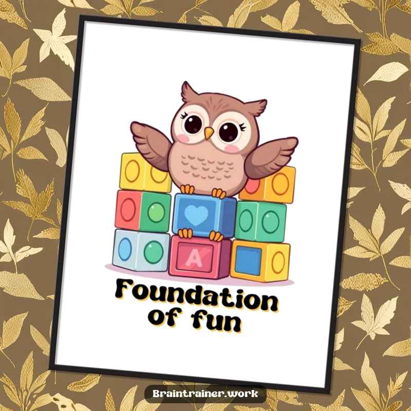 Funny kawaii owl humorously balancing a stack of colorful learning blocks, presented as wall art for playful decor.