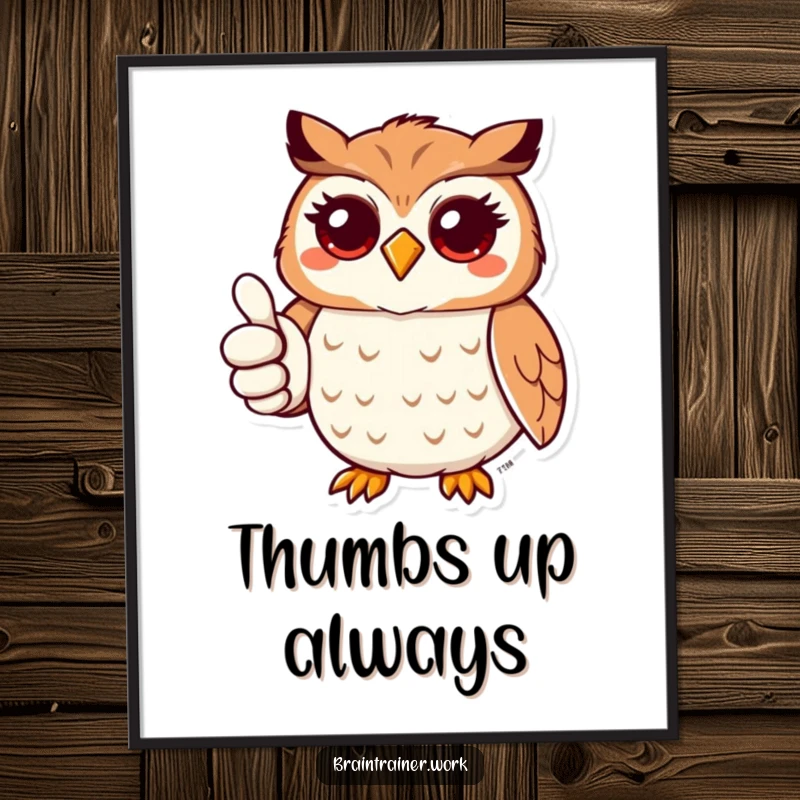 Funny kawaii owl giving a confident thumbs up with a friendly expression, presented as humorous wall art.