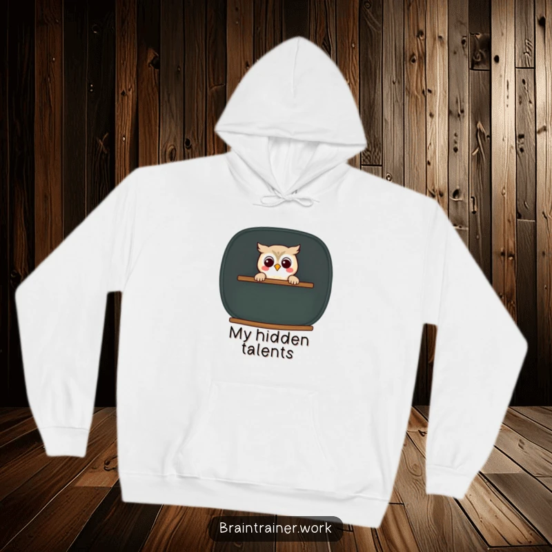 Funny kawaii owl peeking out from behind a large chalkboard with a smile, featured on a cozy hoodie.