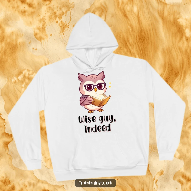 Funny kawaii owl wearing spectacles, pointing to a glowing book, featured on a cozy hoodie, perfect for a humorous intellectual.