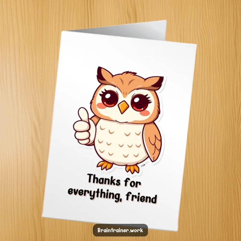 Funny Free Printable Thank You Card: Kawaii owl displays a friendly expression while giving a thumbs up.