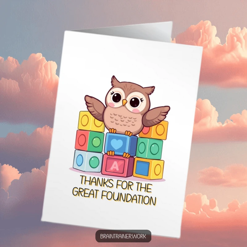 Funny Free Printable Thank You Card: Kawaii owl proudly balances colorful learning blocks, showing gratitude.