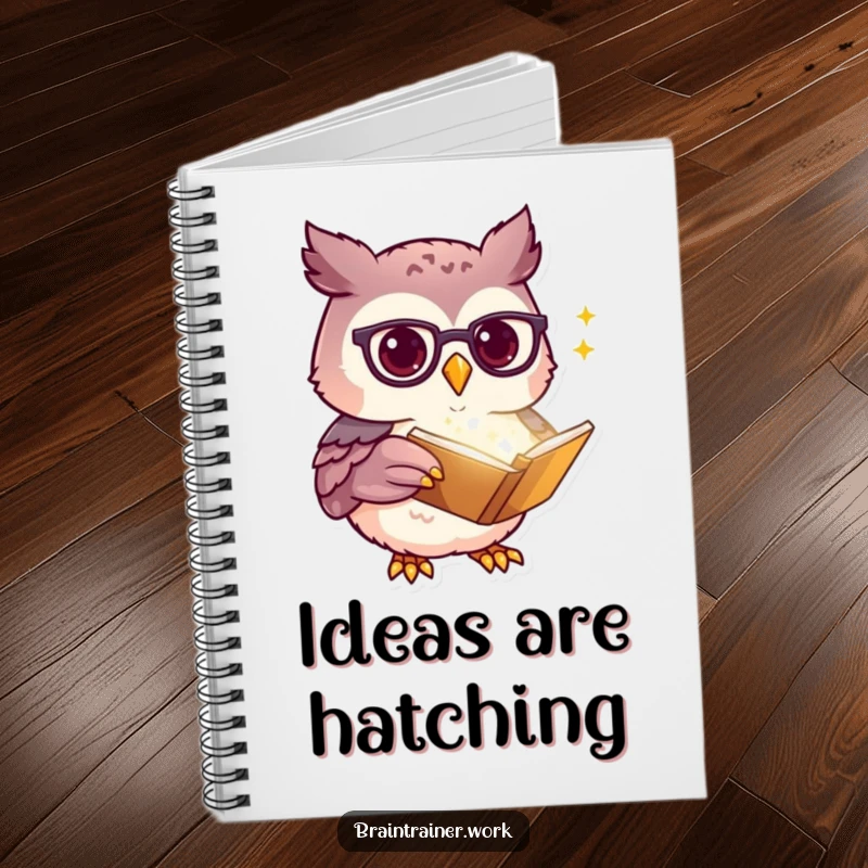 Funny kawaii owl with spectacles pointing at a glowing book, gracing a notebook cover for humorous note-taking and idea generation.
