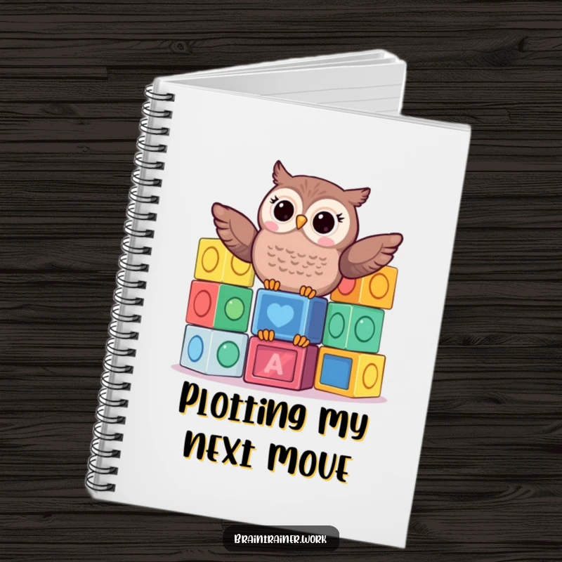 Funny kawaii owl balancing a stack of colorful learning blocks on a notebook cover, for humorous and playful note-taking.