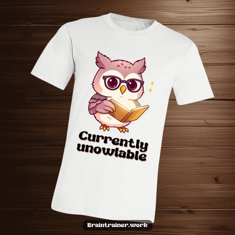 Funny kawaii owl wearing spectacles with a knowing smile, pointing at a glowing book, printed on a t-shirt for bookish humor.