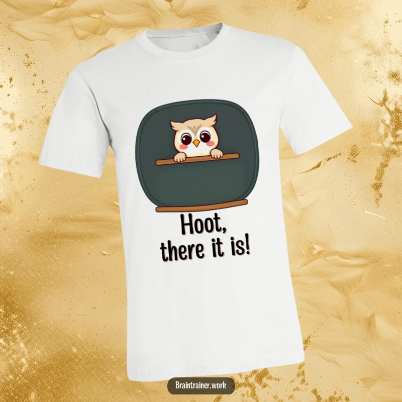 Funny kawaii owl peeking with a smile from behind an oversized chalkboard, printed on a t-shirt for humorous appeal.