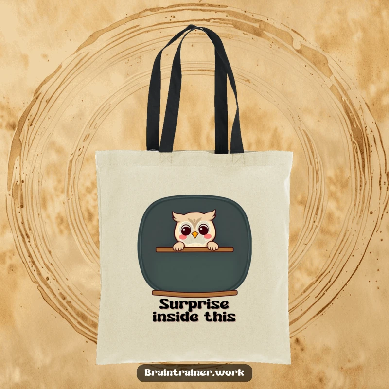 Funny kawaii owl peeking from behind an oversized chalkboard on a tote bag, embodying humorous school spirit.